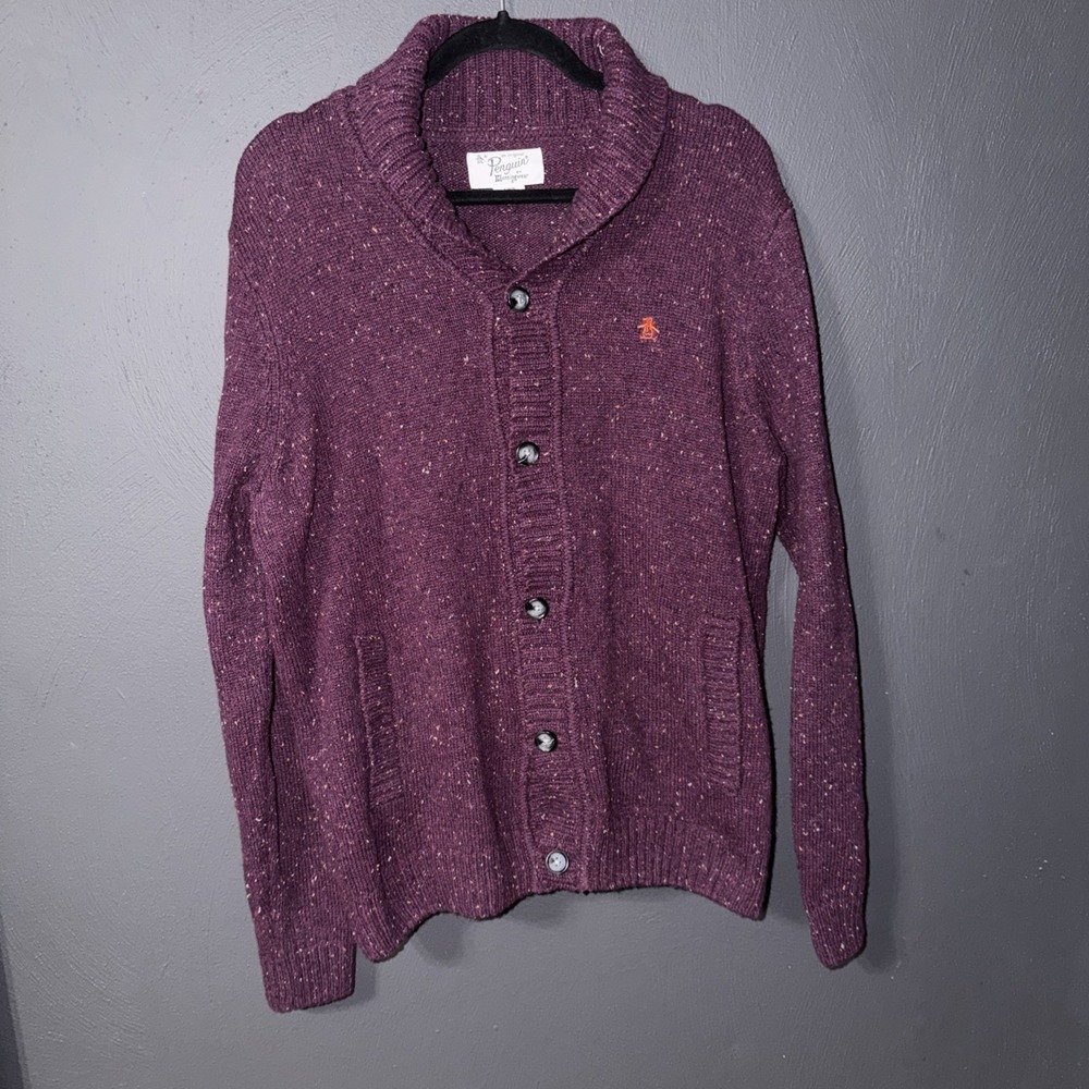 Original Penguin Cardigan Shawl Collar Large Purple Donegal Tweed Wool Knit Mens